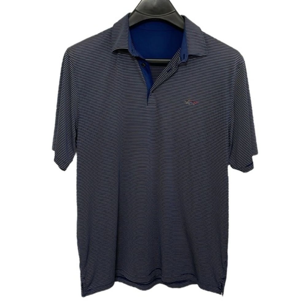 Greg‎ Norman Size Large navy blue striped short sleeve polo golf shirt.